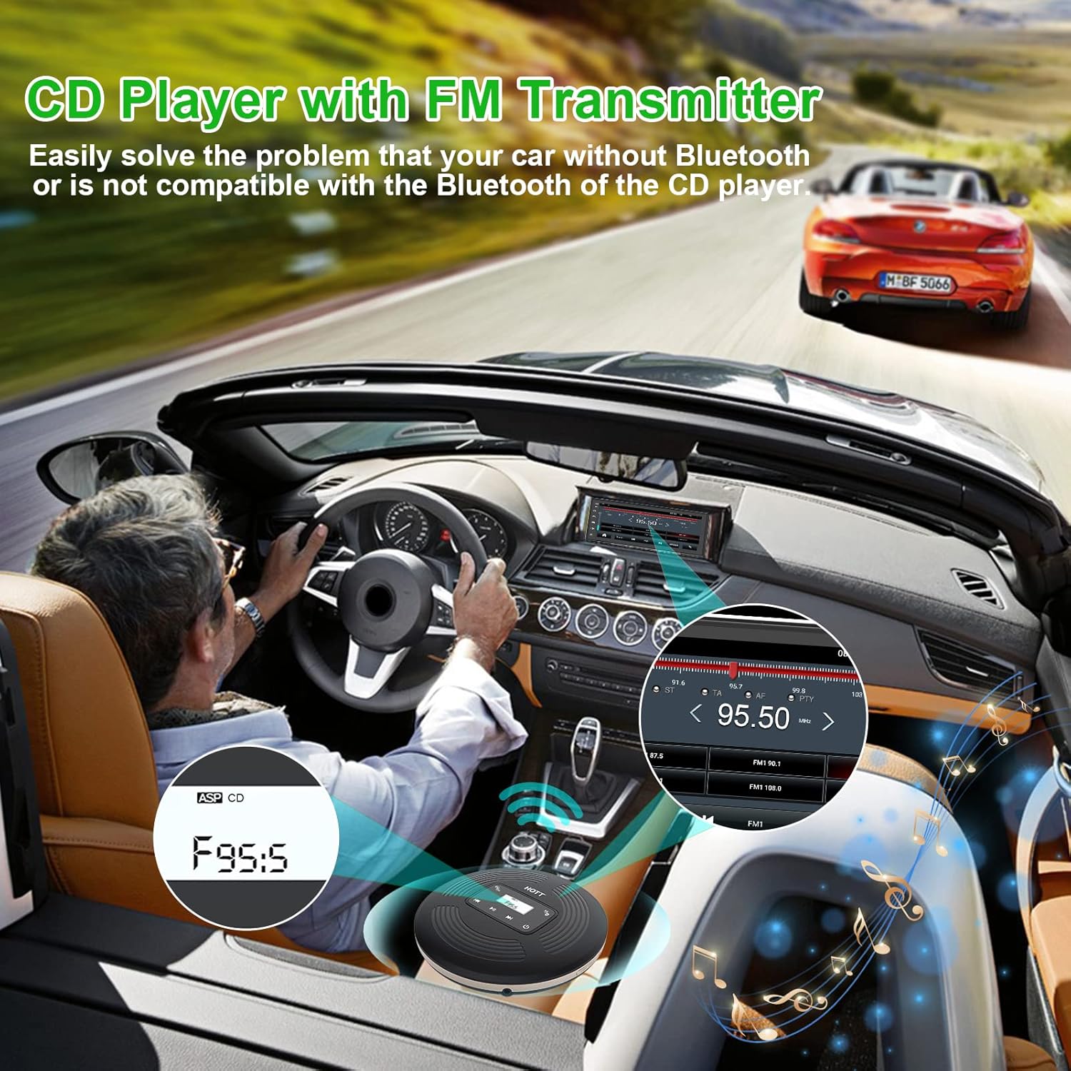 Portable CD Player with Bluetooth FM Transmitter AUX Output Rechargeable 1800mah R1280