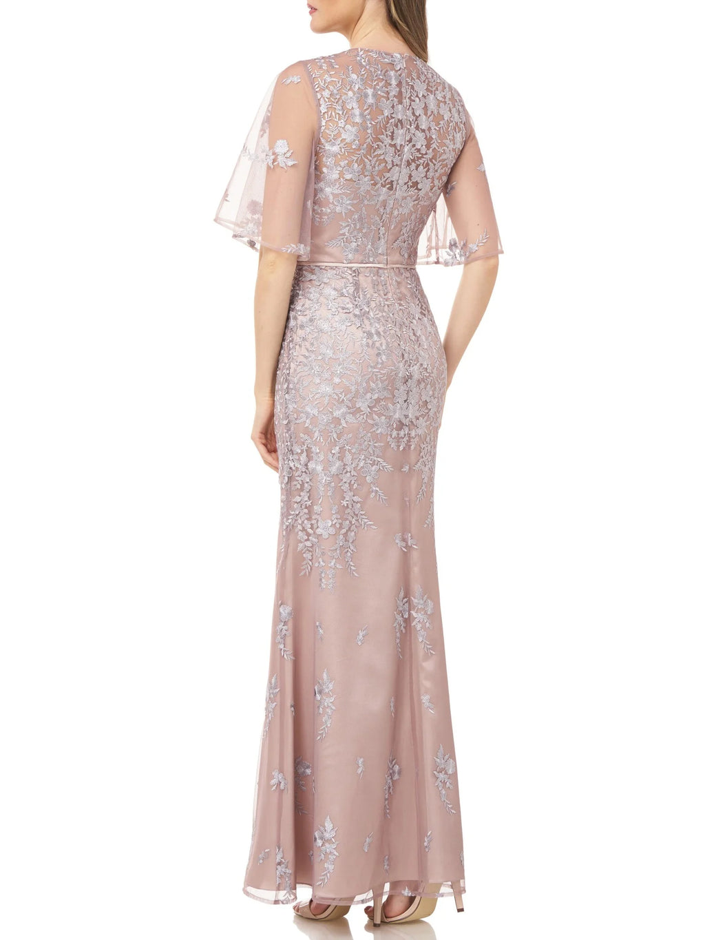 Beige Embroidered Sheer Maxi Evening Dress D1619