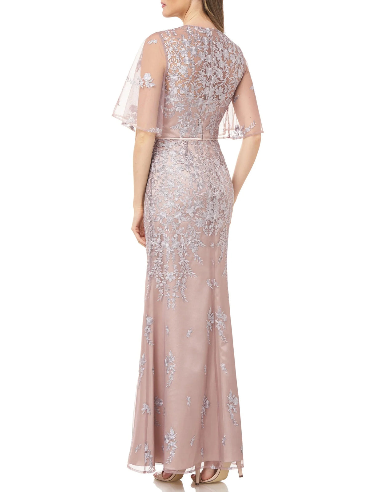 Beige Embroidered Sheer Maxi Evening Dress D1619