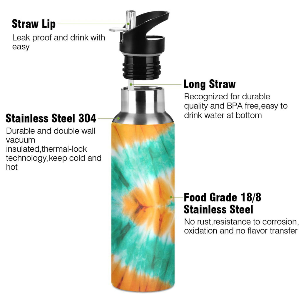 Tie Dye Orange Green 20 OZ Vacuum Insulated Stainless Steel Water Bottle with Straw Lid H316