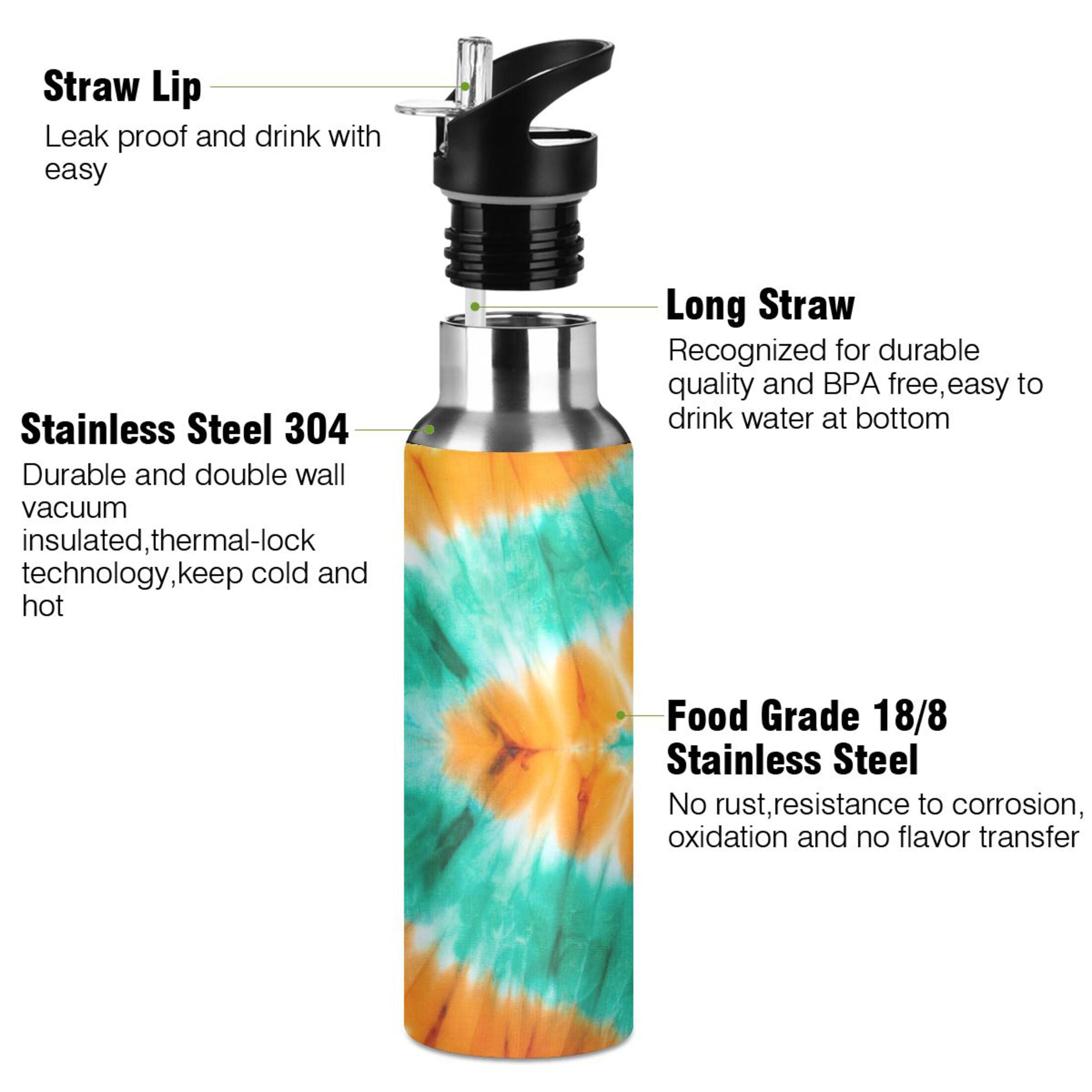 Tie Dye Orange Green 20 OZ Vacuum Insulated Stainless Steel Water Bottle with Straw Lid H316