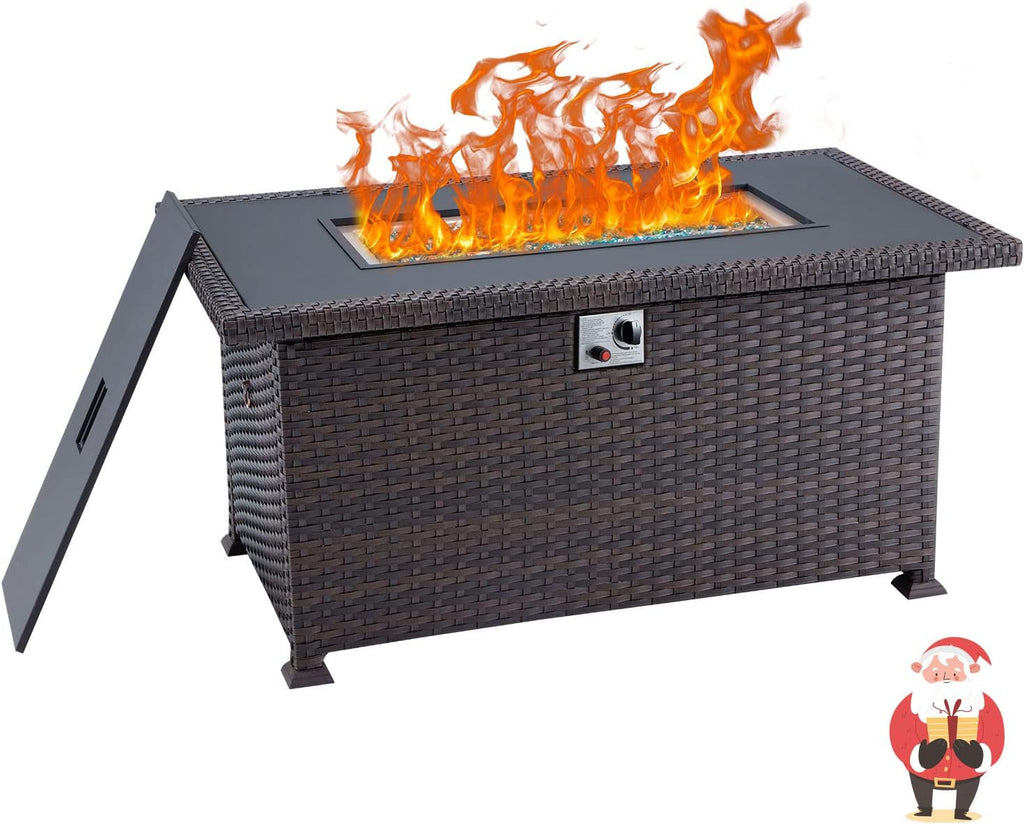 Brown Wicker 50000BTU Propane Fire Pit Table with Waterproof Cover and Blue Fire Glass W484651
