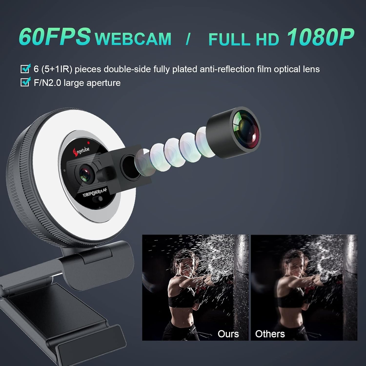 60FPS 1080P Streaming Webcam with Ring Light and Privacy Cover M5685