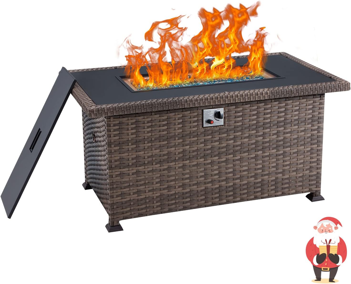 Brown Wicker 50000BTU Propane Fire Pit Table with Waterproof Cover and Blue Fire Glass W484651