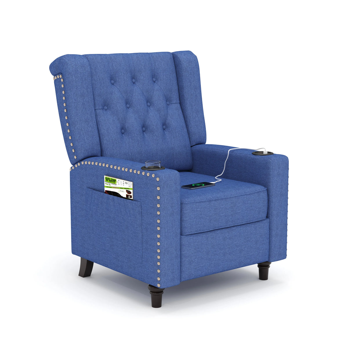 Blue Tufted Wingback Recliner Arm Chair with USB Charging I7368