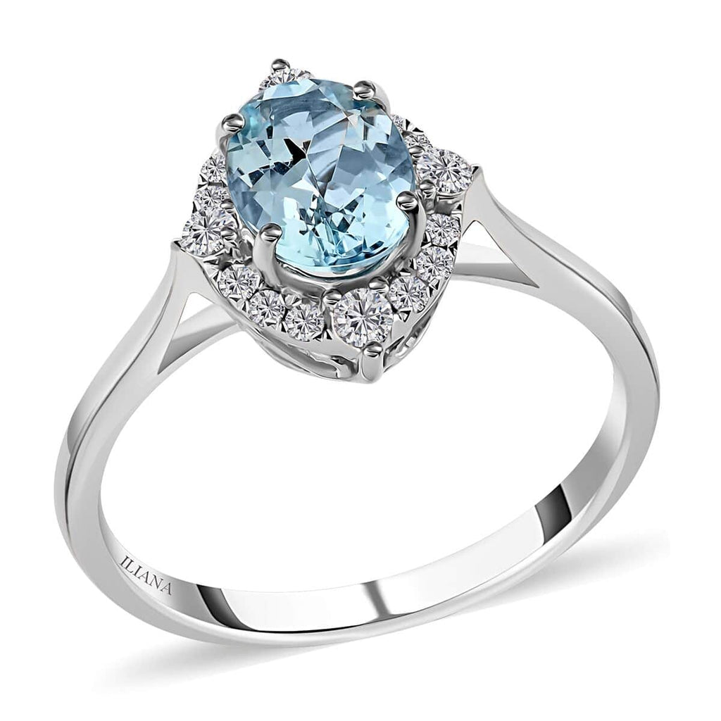 18K White Gold Halo Ring with Blue Aquamarine and White Diamond W519