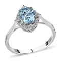 18K White Gold Halo Ring with Blue Aquamarine and White Diamond W519