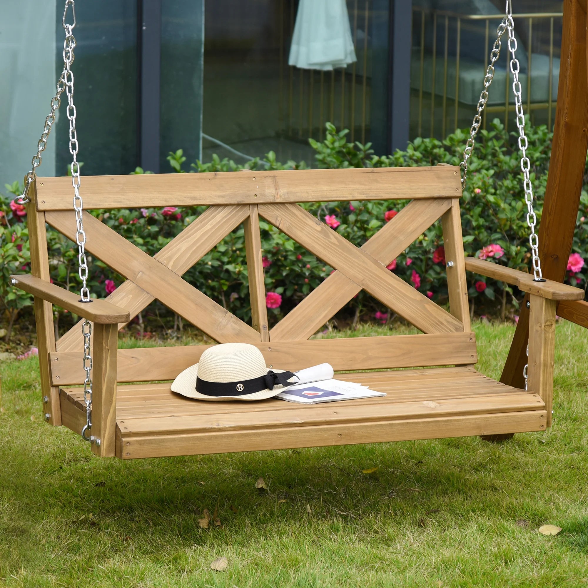 Natural Wooden Porch Swing with Steel Chains Q262033