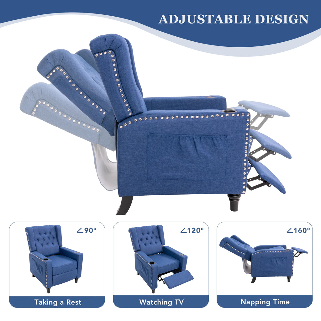 Blue Tufted Wingback Recliner Arm Chair with USB Charging I7368