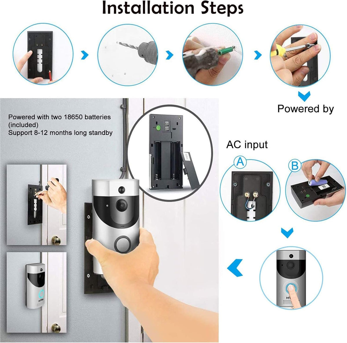 Waterproof WiFi Doorbell Camera with Night Vision and Rechargeable Batteries F341