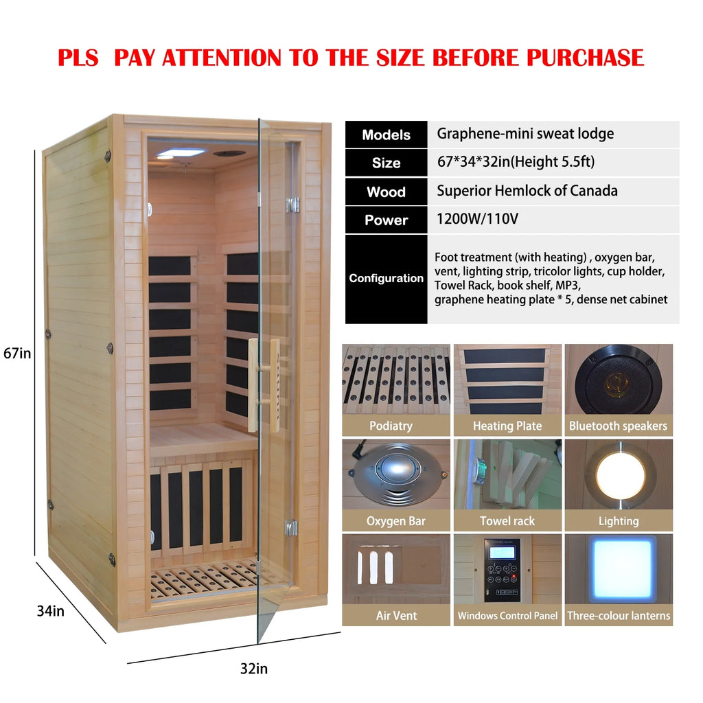 Hemlock Wooden Indoor Sauna Room 1-2 Person with Low EMF Heaters T9828