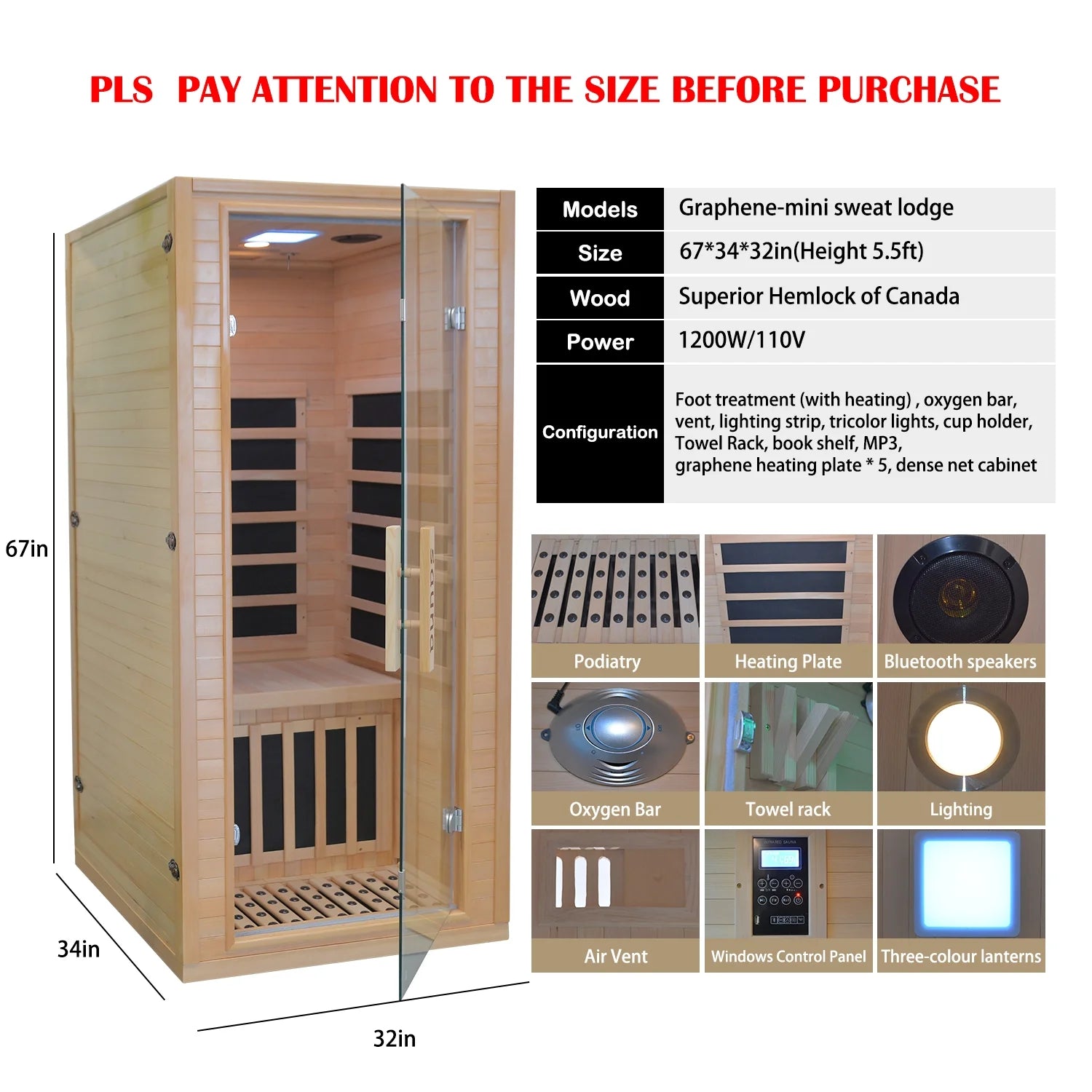 Hemlock Wooden Indoor Sauna Room 1-2 Person with Low EMF Heaters T9828