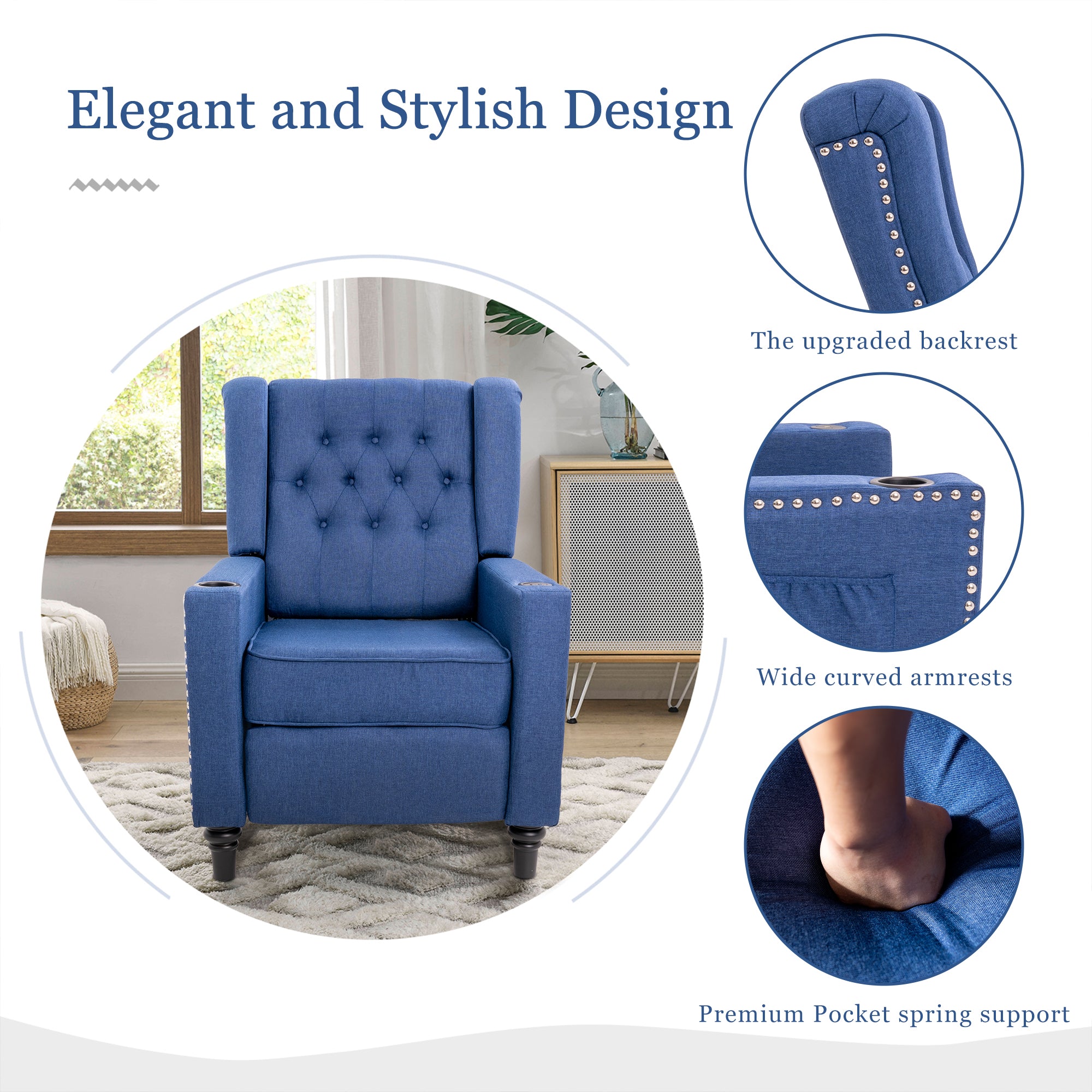 Blue Tufted Wingback Recliner Arm Chair with USB Charging I7368