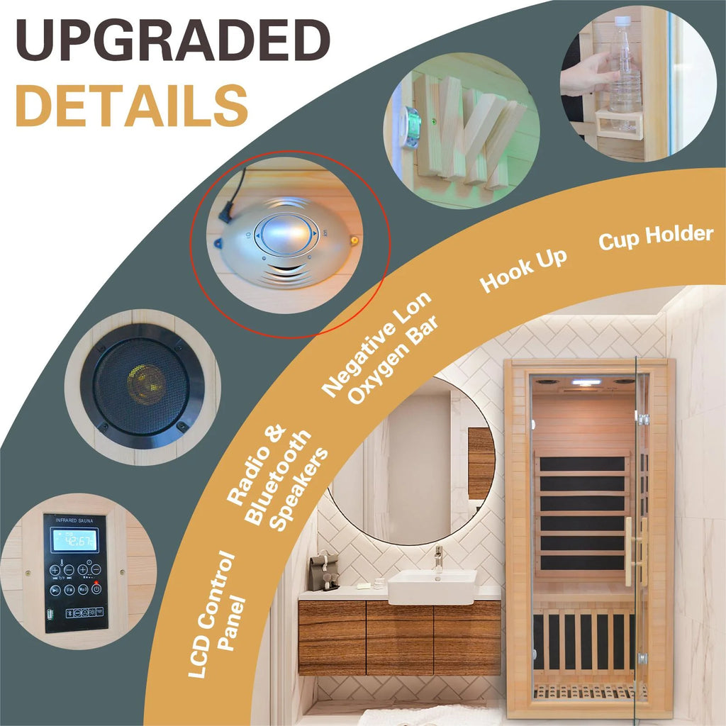 Hemlock Wooden Indoor Sauna Room 1-2 Person with Low EMF Heaters T9828