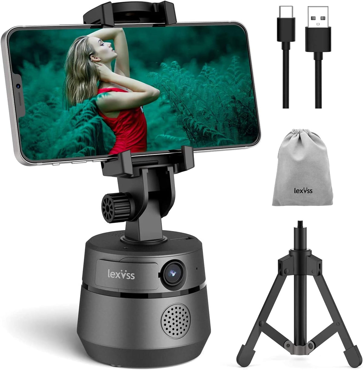 1080P Webcam with Microphone Tripod and Privacy Cover, 360° Rotation Phone Holder (Grey) R586