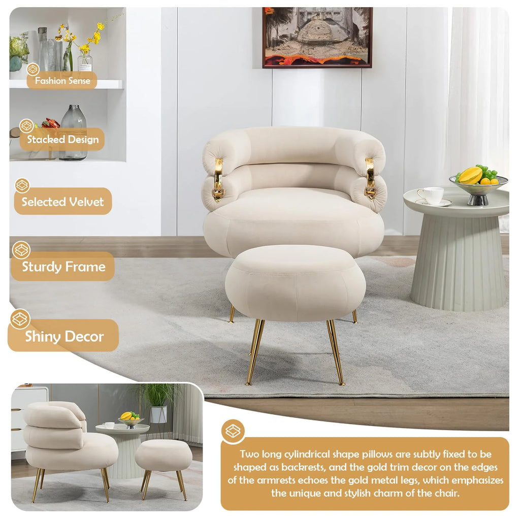 Beige Velvet Accent Chair with Ottoman and Gold Metal Legs W145