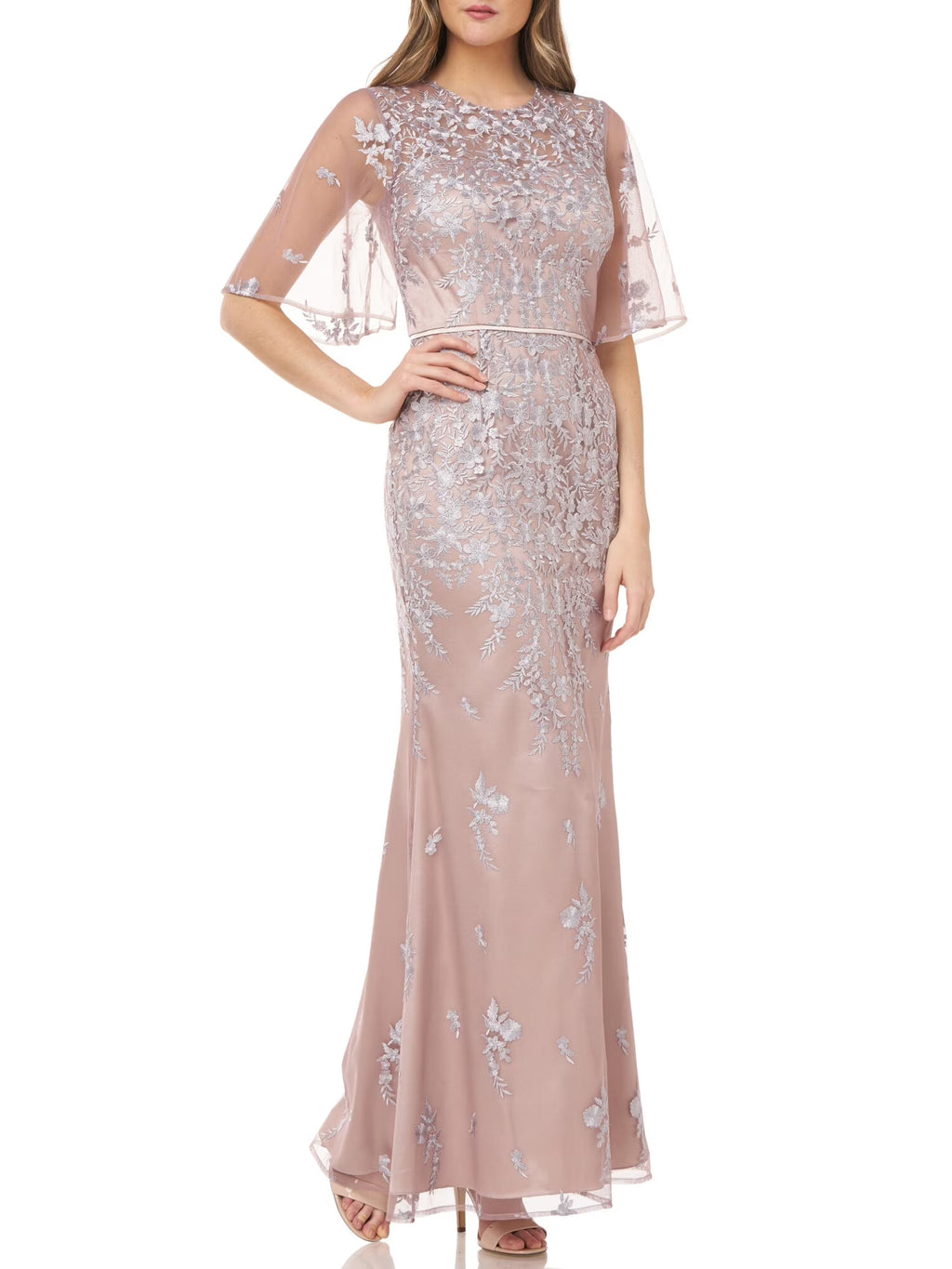 Beige Embroidered Sheer Maxi Evening Dress D1619