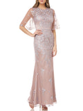 Beige Embroidered Sheer Maxi Evening Dress D1619