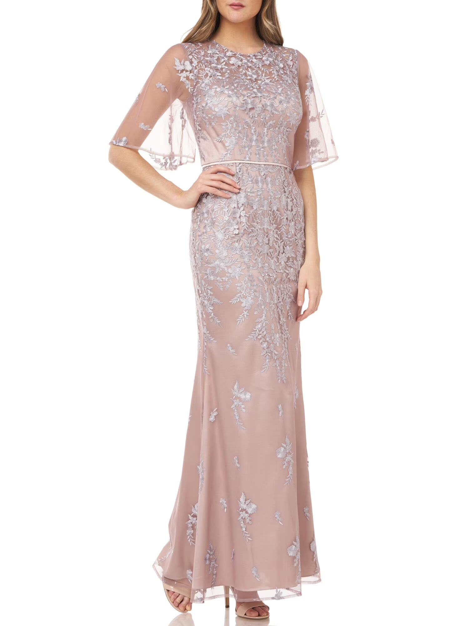 Beige Embroidered Sheer Maxi Evening Dress D1619