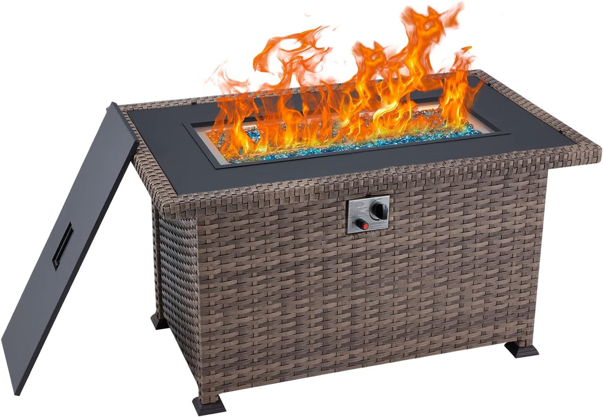 Brown Wicker 50000BTU Propane Fire Pit Table with Waterproof Cover and Blue Fire Glass W484651