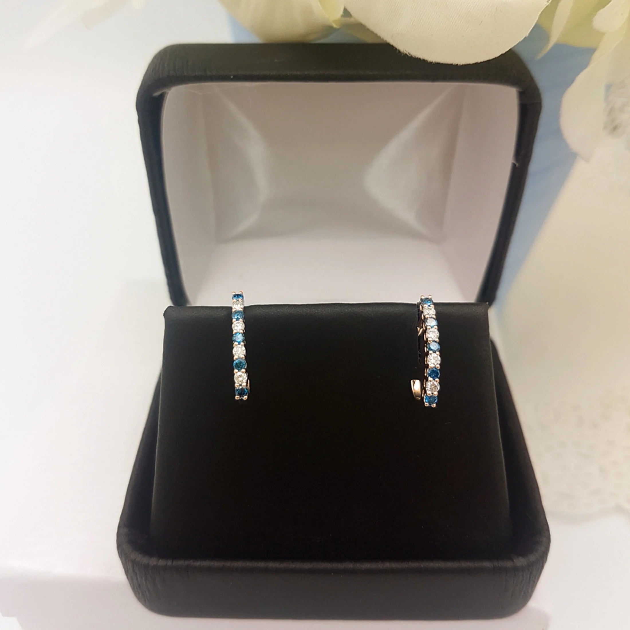 0.50 Carat Round Blue & White Diamond J Shaped Hoop Earrings in 18K Rose Gold G91819