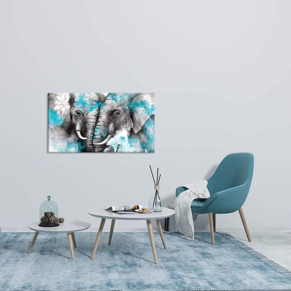 Large Animal Canvas Wall Art Elephant Couple in Love Boho Decor Mandala Elephant Grey and Teal Artwork Stretched and Framed Ready to Hang 20x36inch K1493