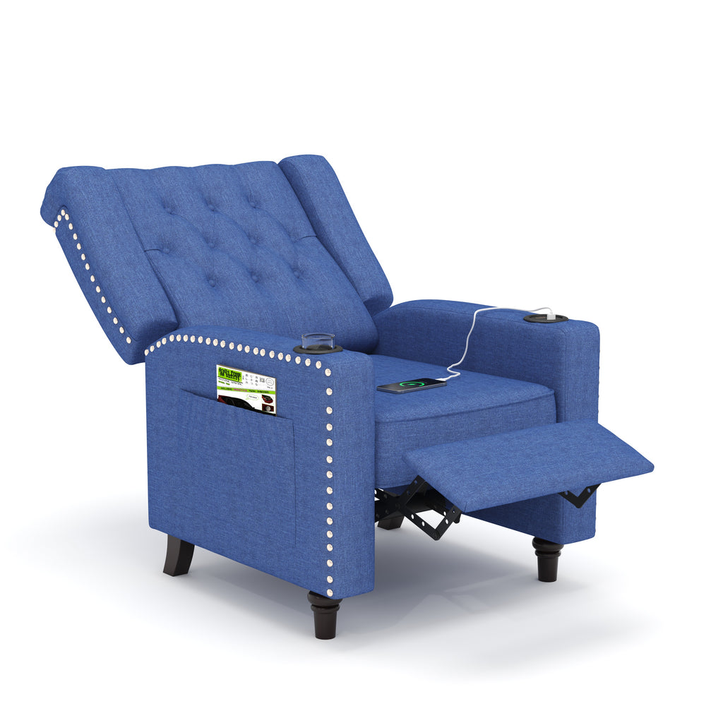 Blue Tufted Wingback Recliner Arm Chair with USB Charging I7368