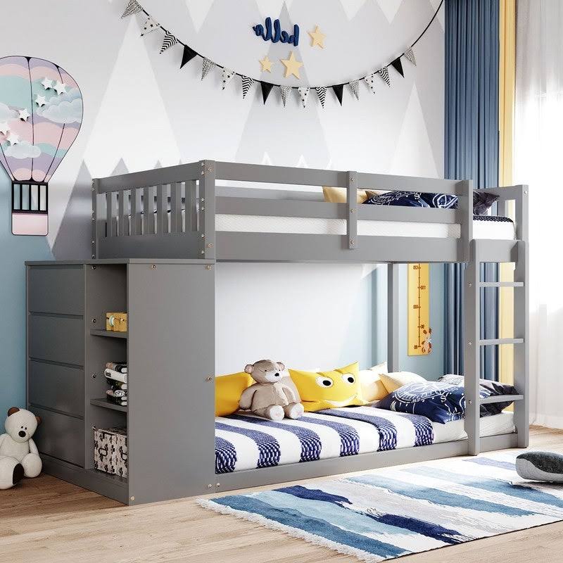 Gray Twin Over Twin Bunk Bed with 4 Drawers & 3 Shelves & Ladder B287155