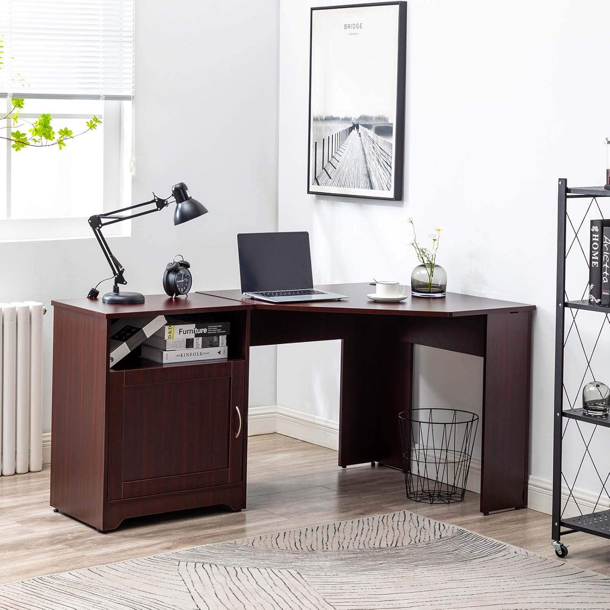 Walnut L Shaped Corner Desk with Storage File Cabinet P22717