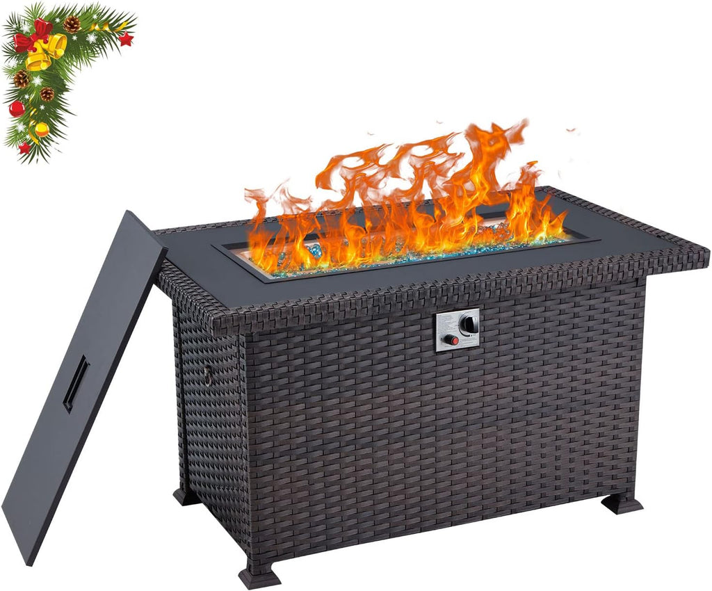Brown Wicker 50000BTU Propane Fire Pit Table with Waterproof Cover and Blue Fire Glass W484651