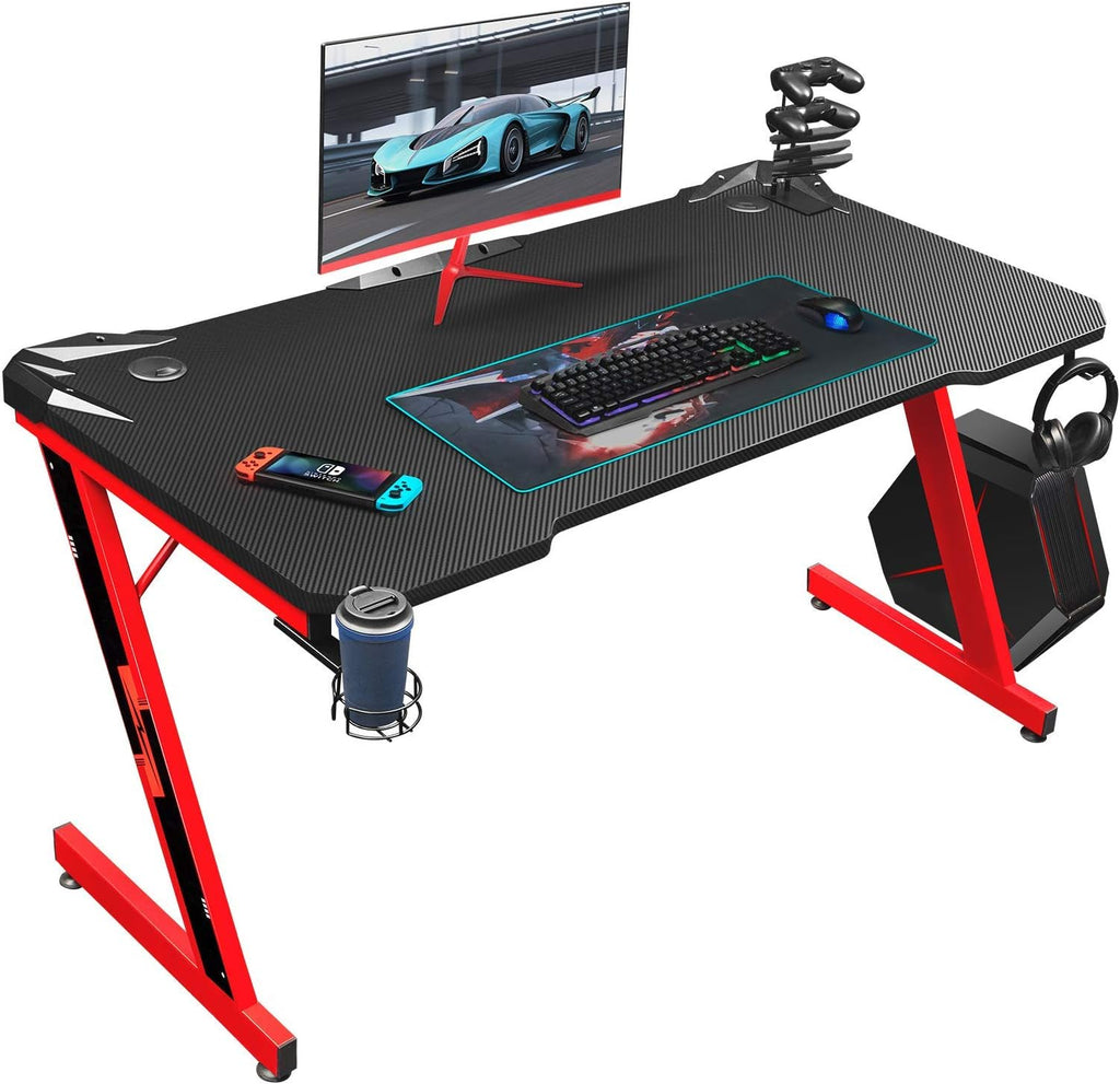 44 Inch Black Gaming Desk with Carbon Fiber Surface Cup Holder and Headphone Hook R9855
