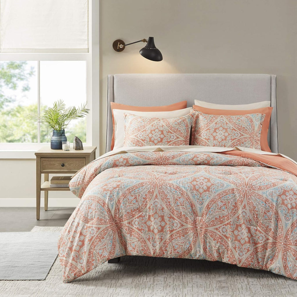 King Damask Coral 9 Piece Comforter Set with Sheet Set K908