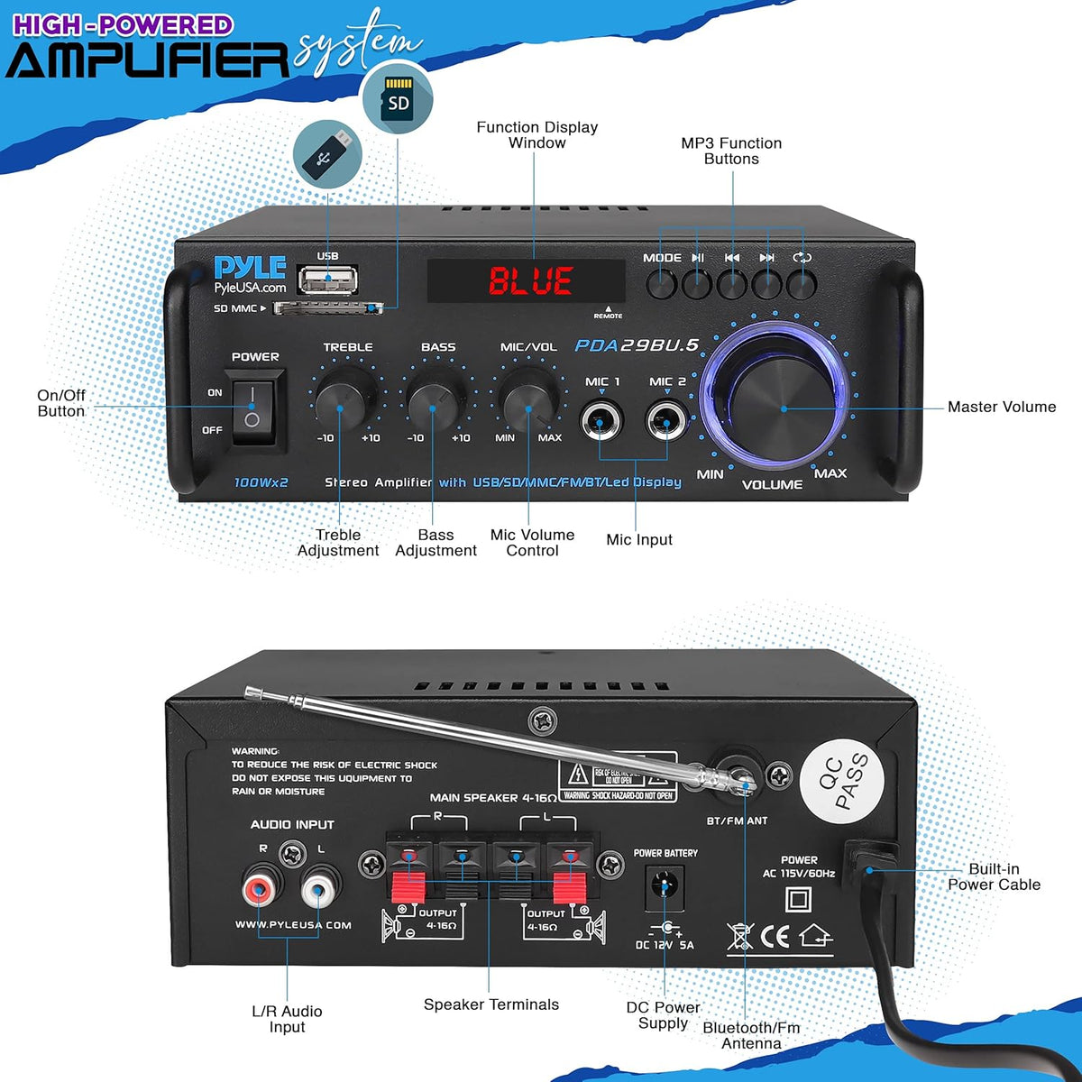 200W 2 Channel Bluetooth Stereo Power Amplifier with FM Radio O35635