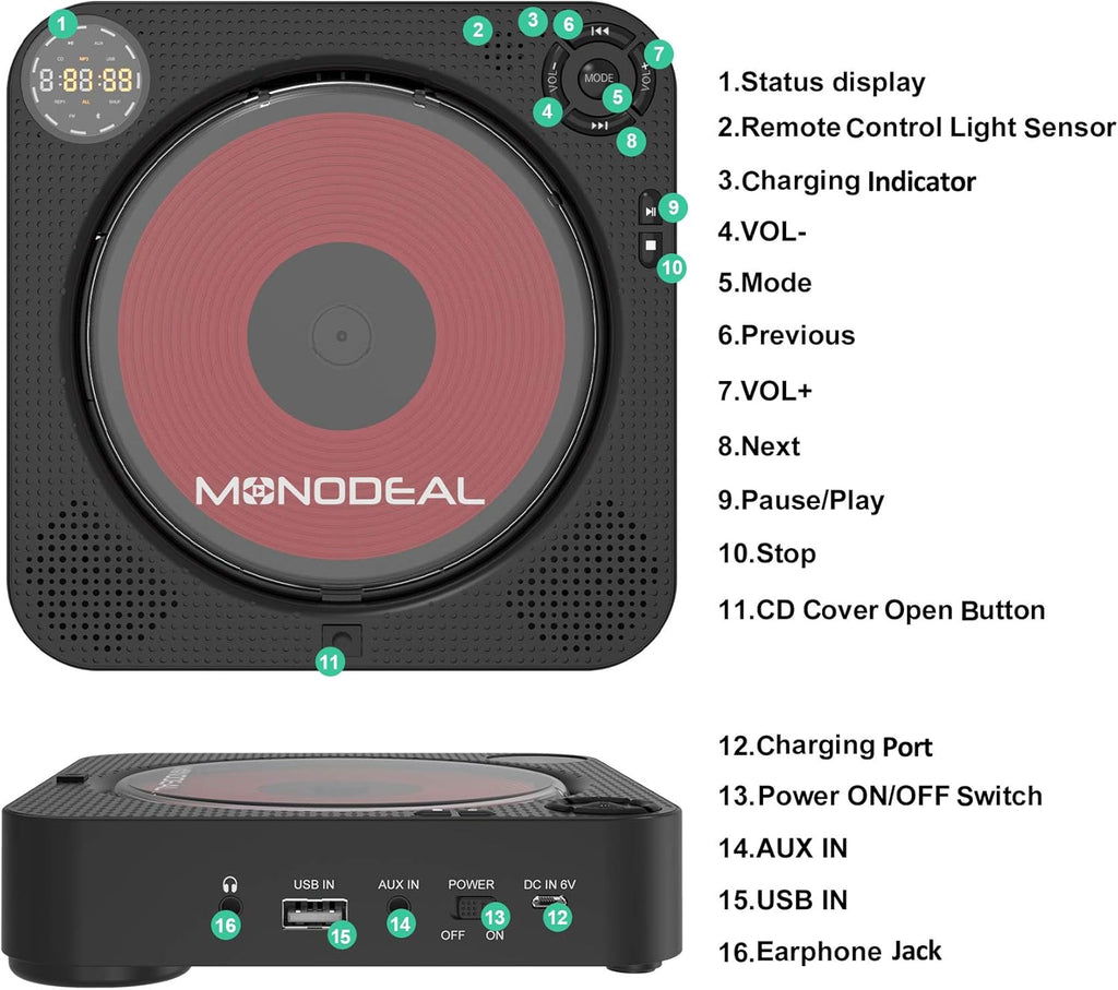 CD Player with Bluetooth, Portable Rechargeable, Built-in Speakers, Remote Control, Built-in FM Radio B43426