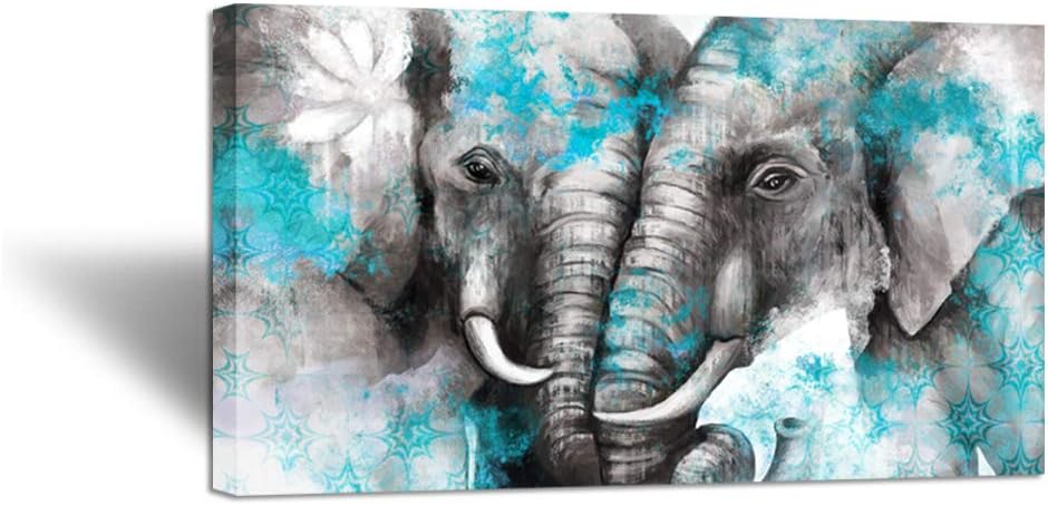 Large Animal Canvas Wall Art Elephant Couple in Love Boho Decor Mandala Elephant Grey and Teal Artwork Stretched and Framed Ready to Hang 20x36inch K1493