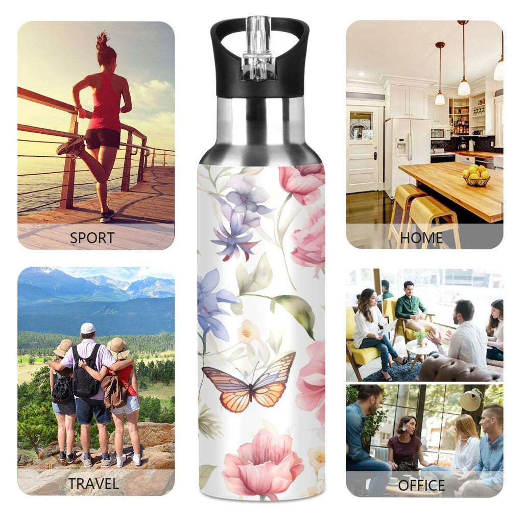 Stainless Steel Insulated Thermos Vacuum Flask Water Bottle with Straw Lid T1611