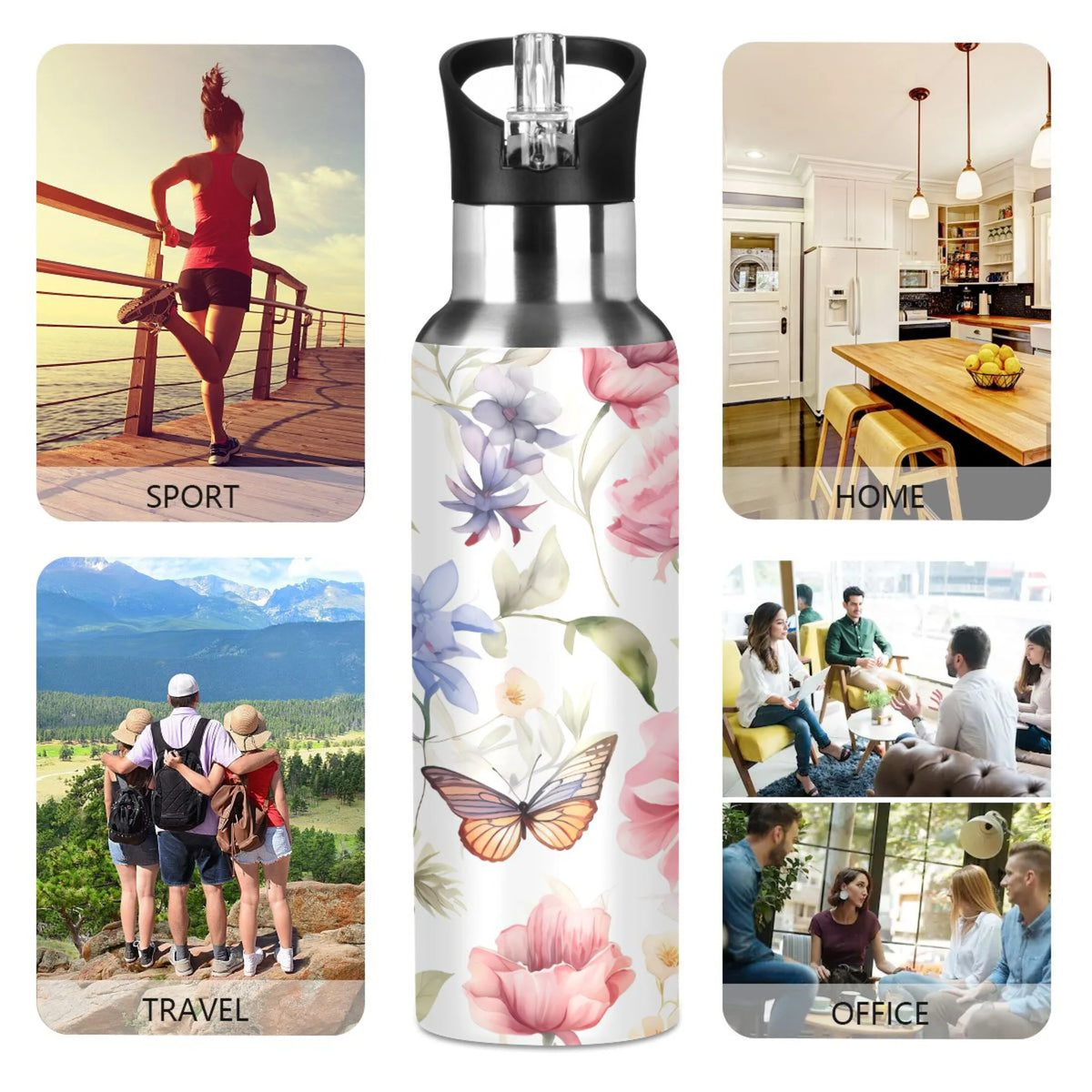 Stainless Steel Insulated Thermos Vacuum Flask Water Bottle with Straw Lid T1611