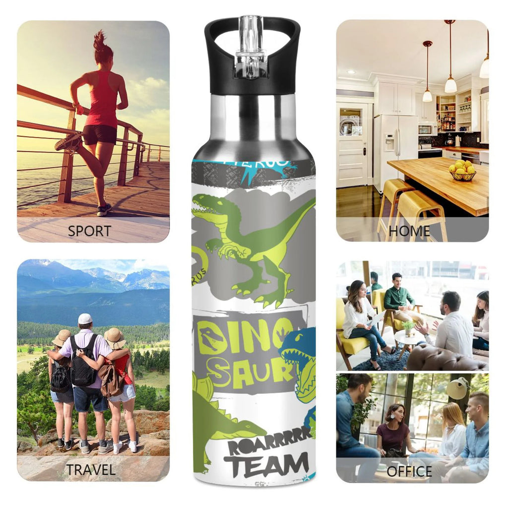 Cool Green Dinosaur Stainless Steel Insulated Water Bottle with Straw Lid E31063