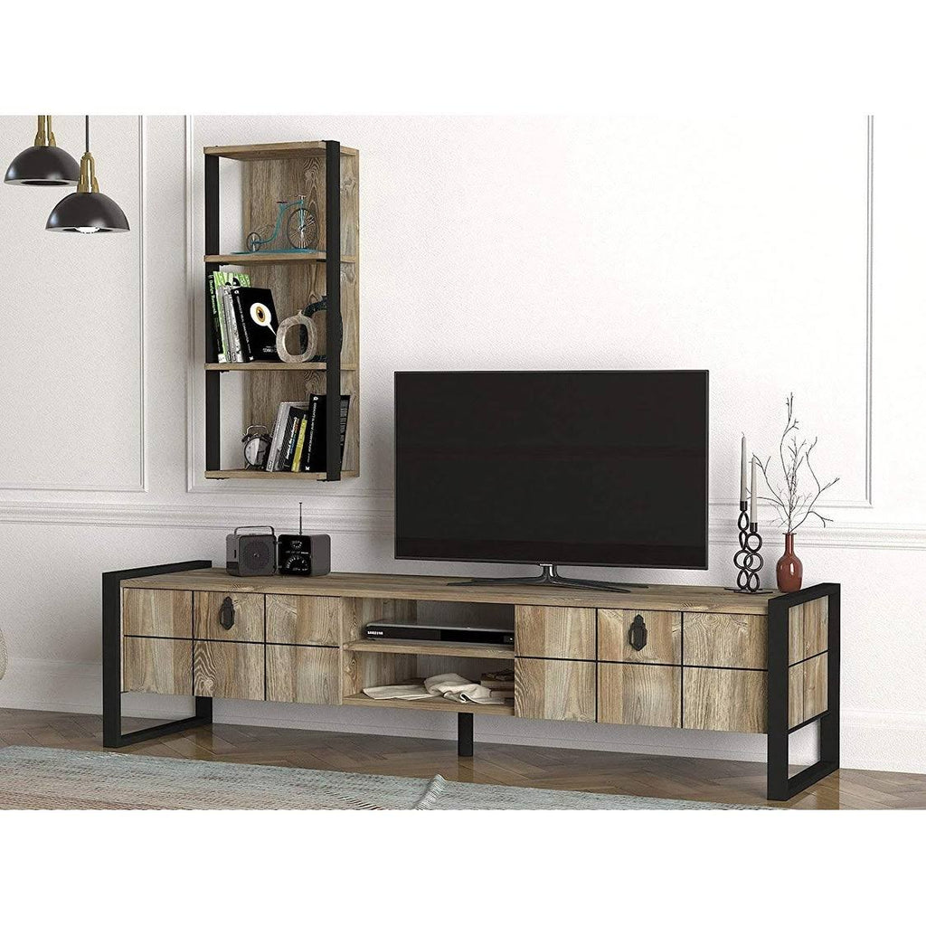 TV Unit with Vertical Wall Shelf, Metal & Composite Wood Frame M153