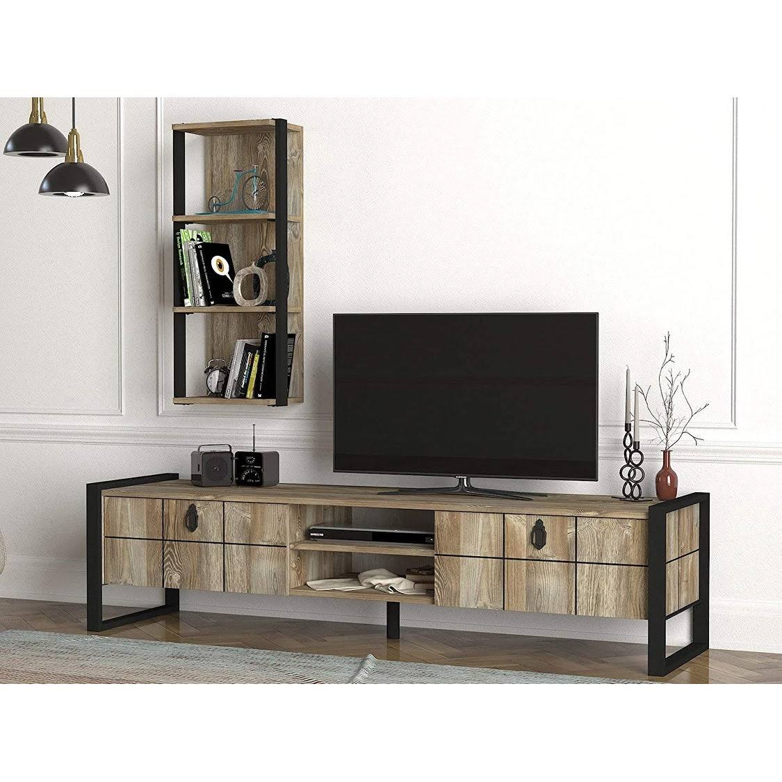 TV Unit with Vertical Wall Shelf, Metal & Composite Wood Frame M153