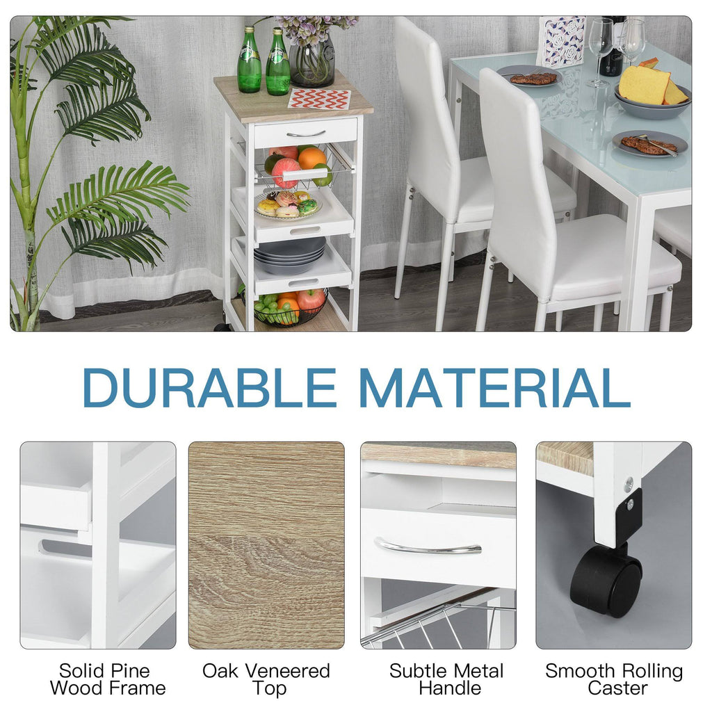 White Mobile Rolling Kitchen Island Trolley Serving Cart with Drawer and Wire Storage Basket O54225