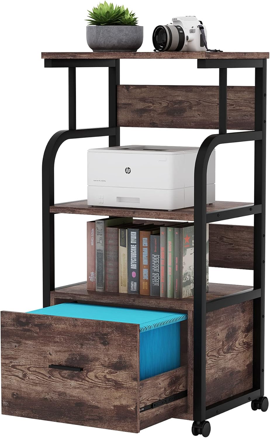 Rustic Brown 3 Tier Rolling File Cabinet with Drawer O38584