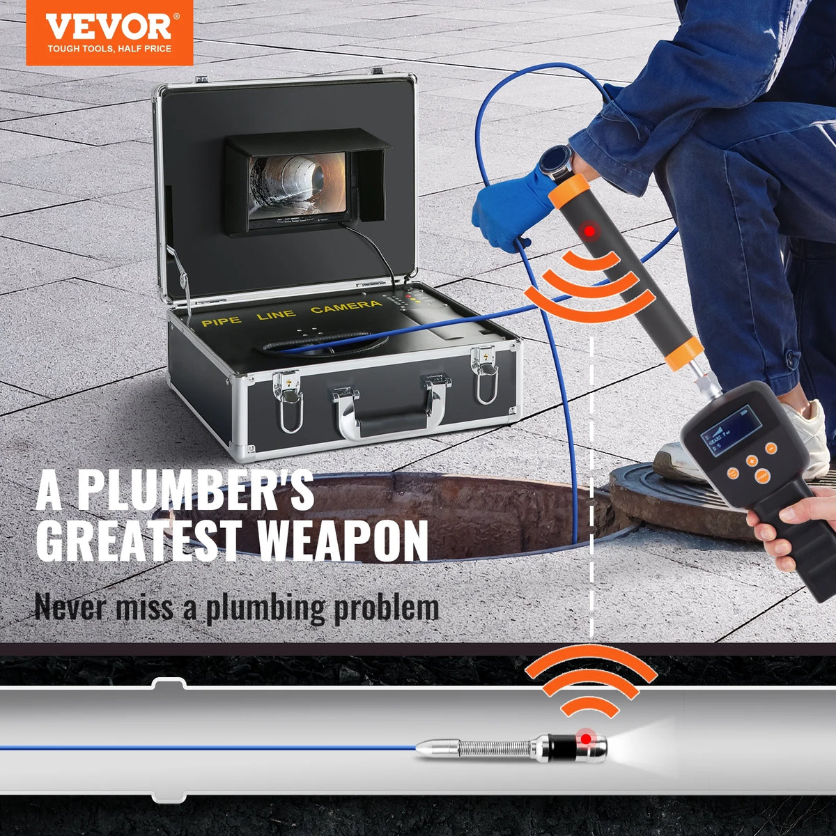 Sewer Camera Pipe Inspection Camera with 512Hz Locator, 100 ft, 7" DVR Function, 16 GB SD Card, IP68 L71807