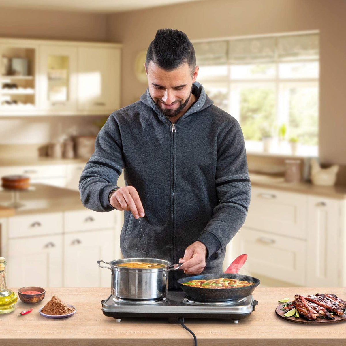 1800W Electric Double Burner Stainless Steel Hot Plate Cast Iron Pack of 2 I5670