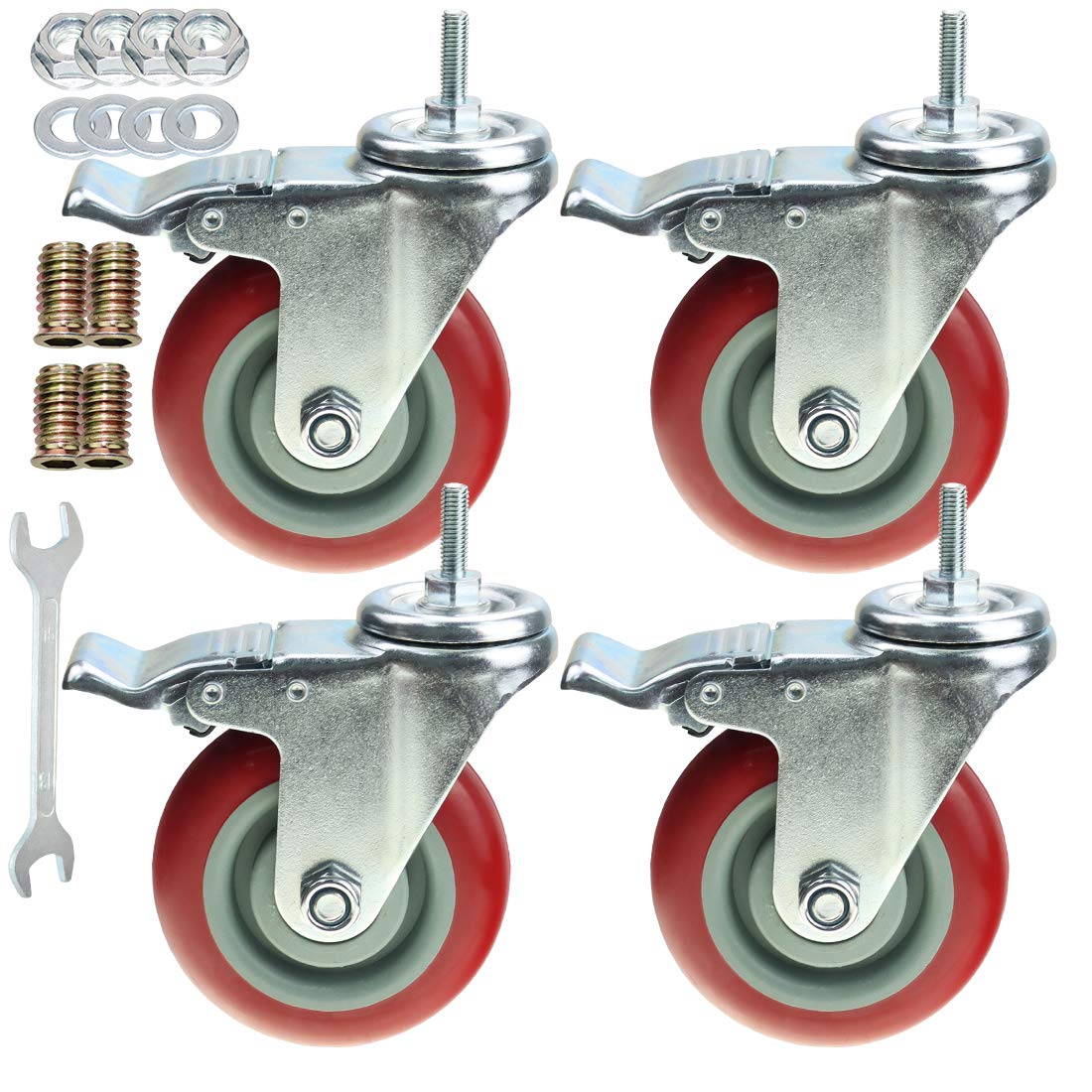 4 Pack 4 Inch Dual Locking Swivel Caster Wheels with M8-1.25x25mm Stem S615