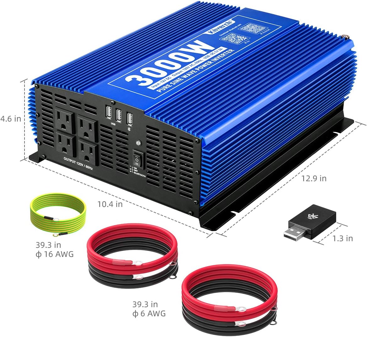 Pure Sine Wave Inverter 1000W DC 12V to AC 110V Car Power Inverter with Dual AC Outlets & 2A USB Ports I219846