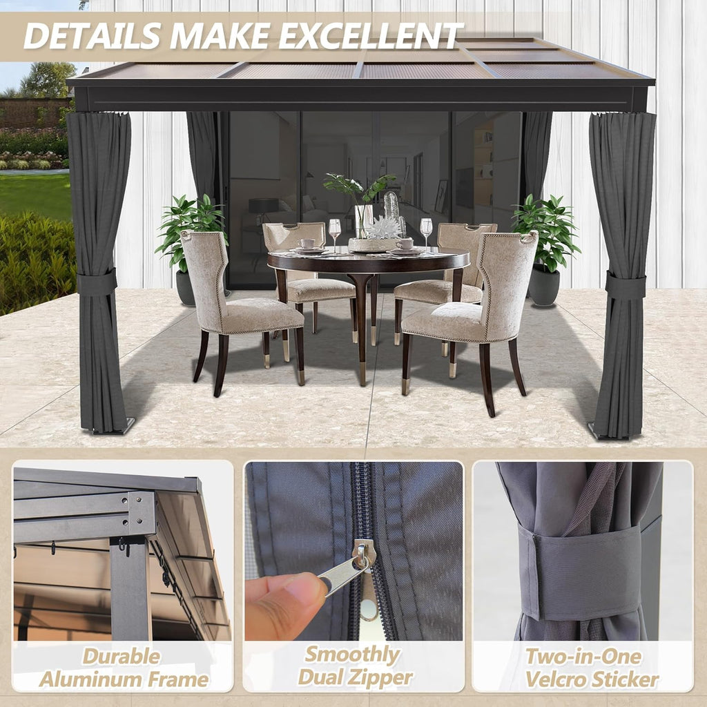 10×10FT Wall-Mounted Aluminum Frame Pergola Gazebo With Netting & Curtains X205