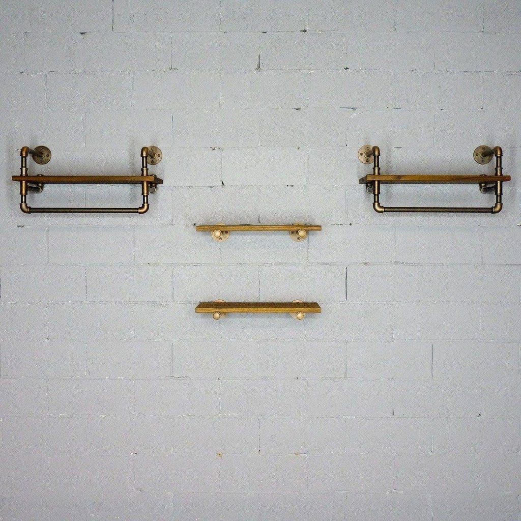 Bronze Metals and Brown Wood 4-Piece Wall Shelf Bundle J284