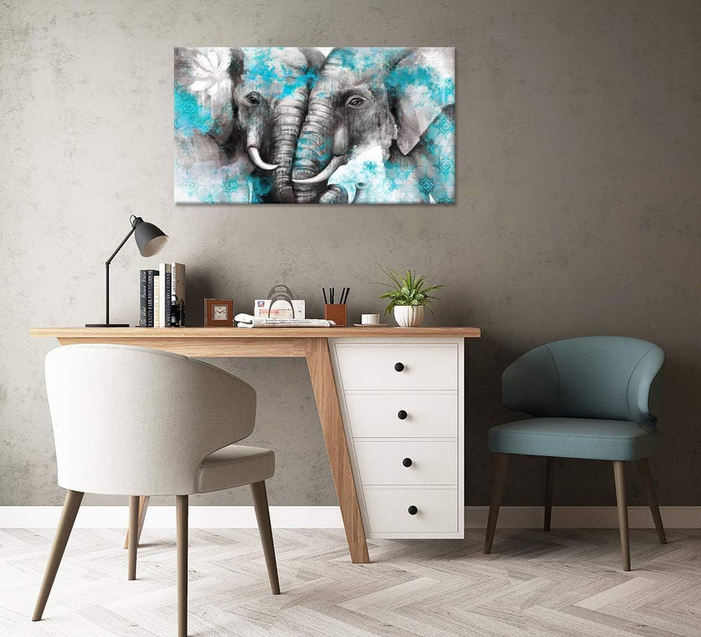 Large Animal Canvas Wall Art Elephant Couple in Love Boho Decor Mandala Elephant Grey and Teal Artwork Stretched and Framed Ready to Hang 20x36inch K1493