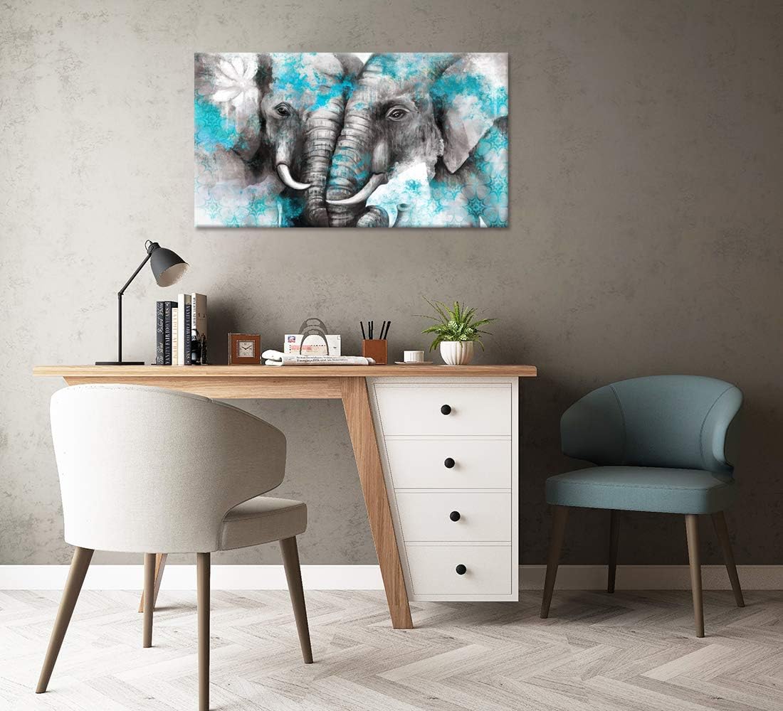 Large Animal Canvas Wall Art Elephant Couple in Love Boho Decor Mandala Elephant Grey and Teal Artwork Stretched and Framed Ready to Hang 20x36inch K1493